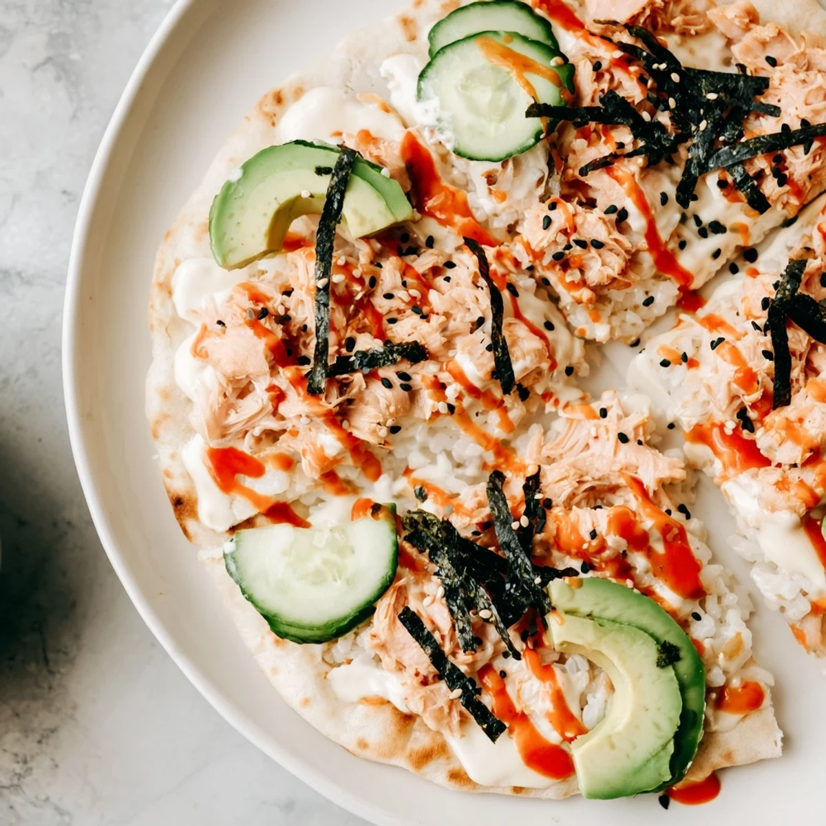 Crispy flatbread layered with creamy salmon sushi rice mixture and bubbling melted mozzarella cheese