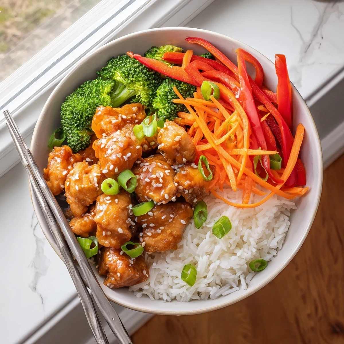 Orange glazed chicken rice bowl featuring glossy sauce-coated chicken over fluffy white rice with colorful steamed vegetables
