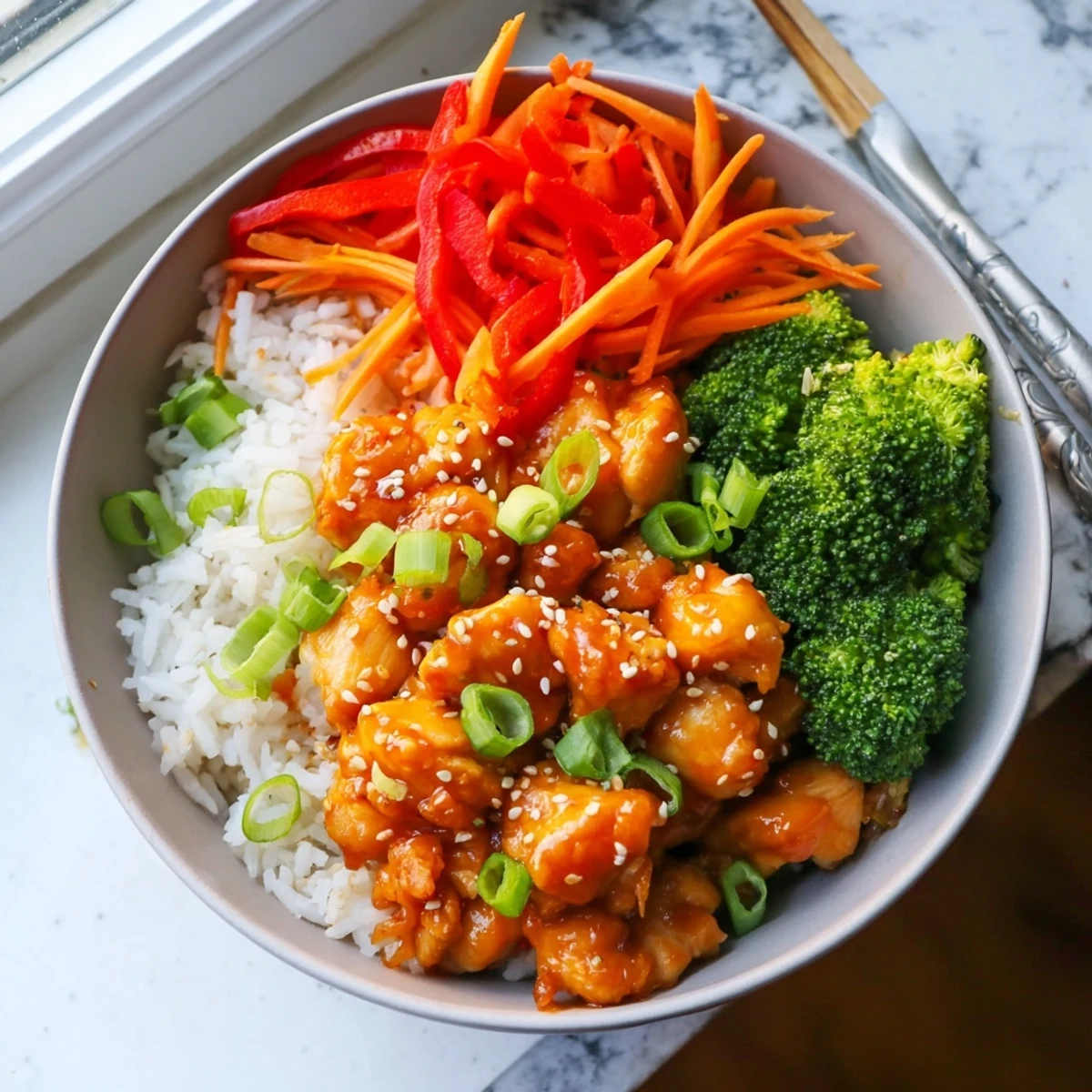 Savory orange glazed chicken served over steaming jasmine rice with crisp vegetables and sesame seed garnish