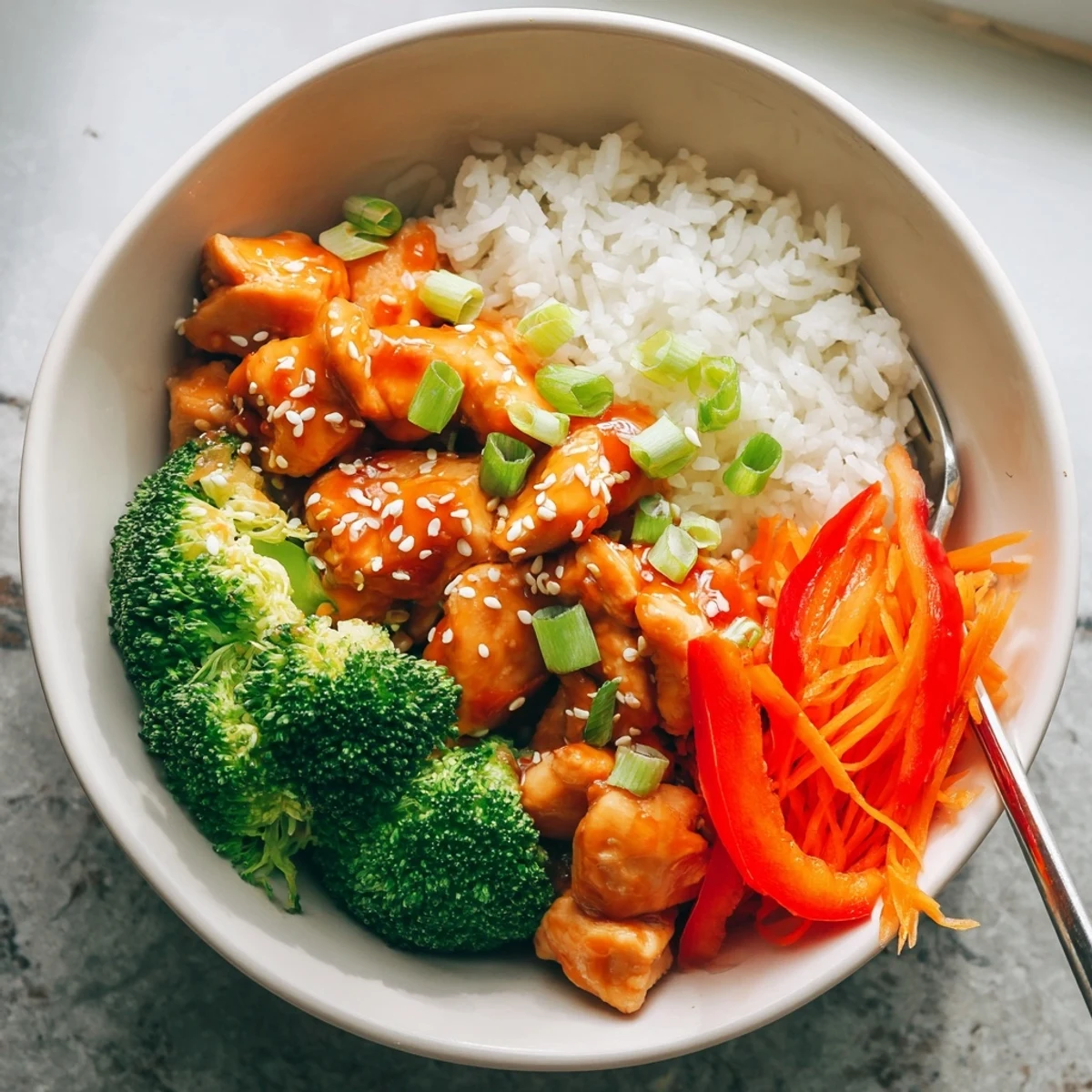 Vibrant Asian-inspired orange glazed chicken bowl with tender meat, fresh broccoli, carrots, and red bell pepper strips