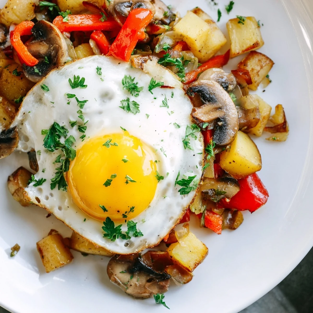 Hearty breakfast hash with eggs topped with fresh parsley, served steaming hot from the pan