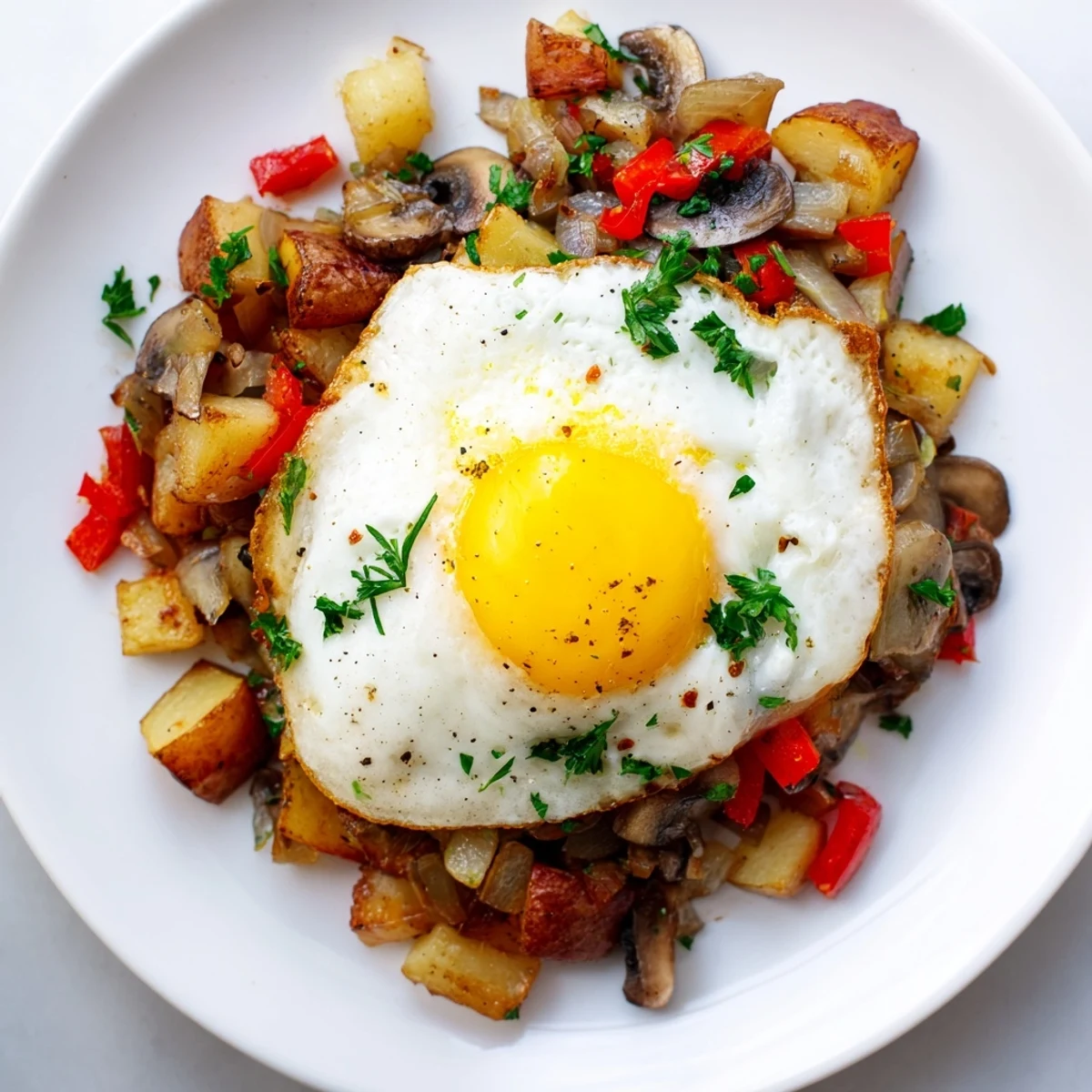 Savory one-skillet breakfast hash with eggs showcasing fried eggs nestled among tender potatoes and bell peppers