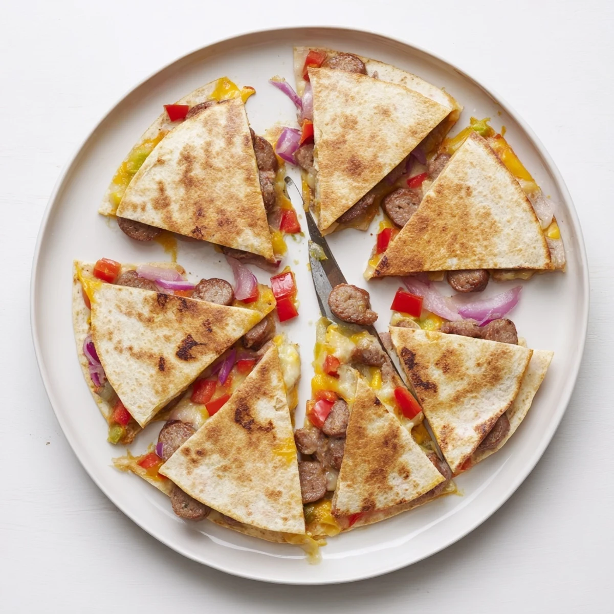 Savory Cajun beef sausage quesadilla with colorful peppers and gooey cheddar cheese filling