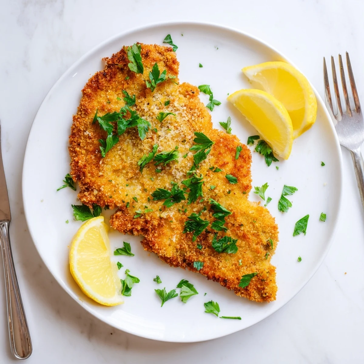 Pan-fried breaded beef escalopes with crunchy panko coating served alongside bright citrus lemon slices