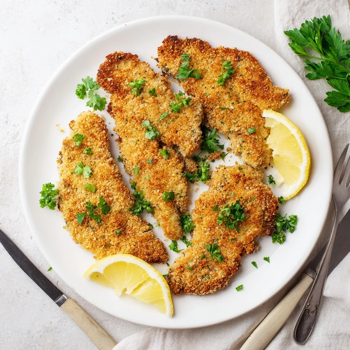 Golden crispy beef escalope Milanese garnished with fresh parsley and lemon wedges on a white plate