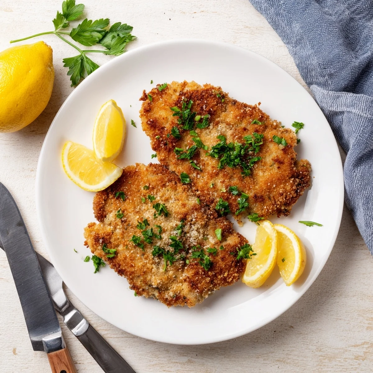 Classic Italian beef escalope Milanese featuring tender golden meat with parmesan breadcrumb crust and parsley