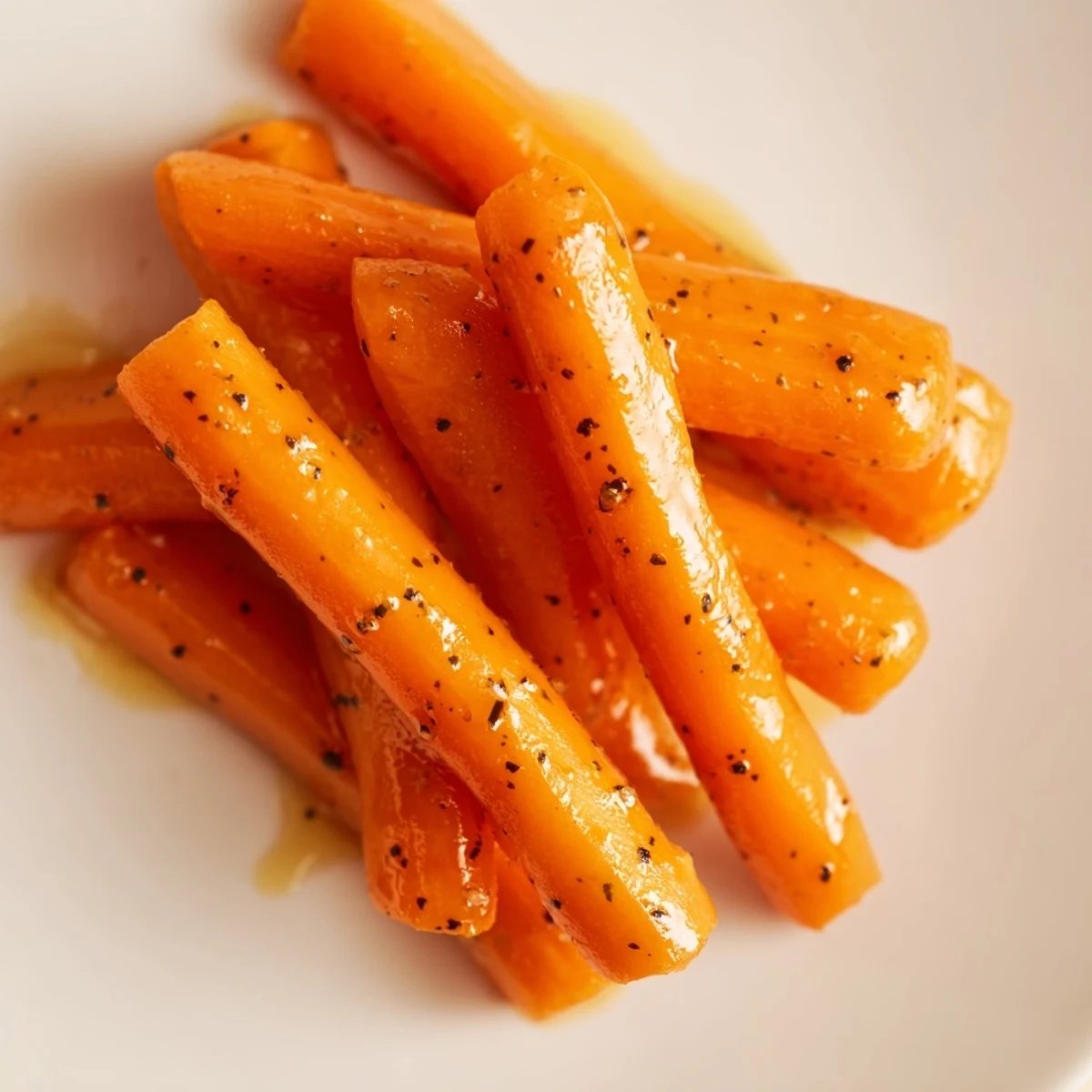 Tender honey glazed carrots with glossy caramelized coating on a white serving plate