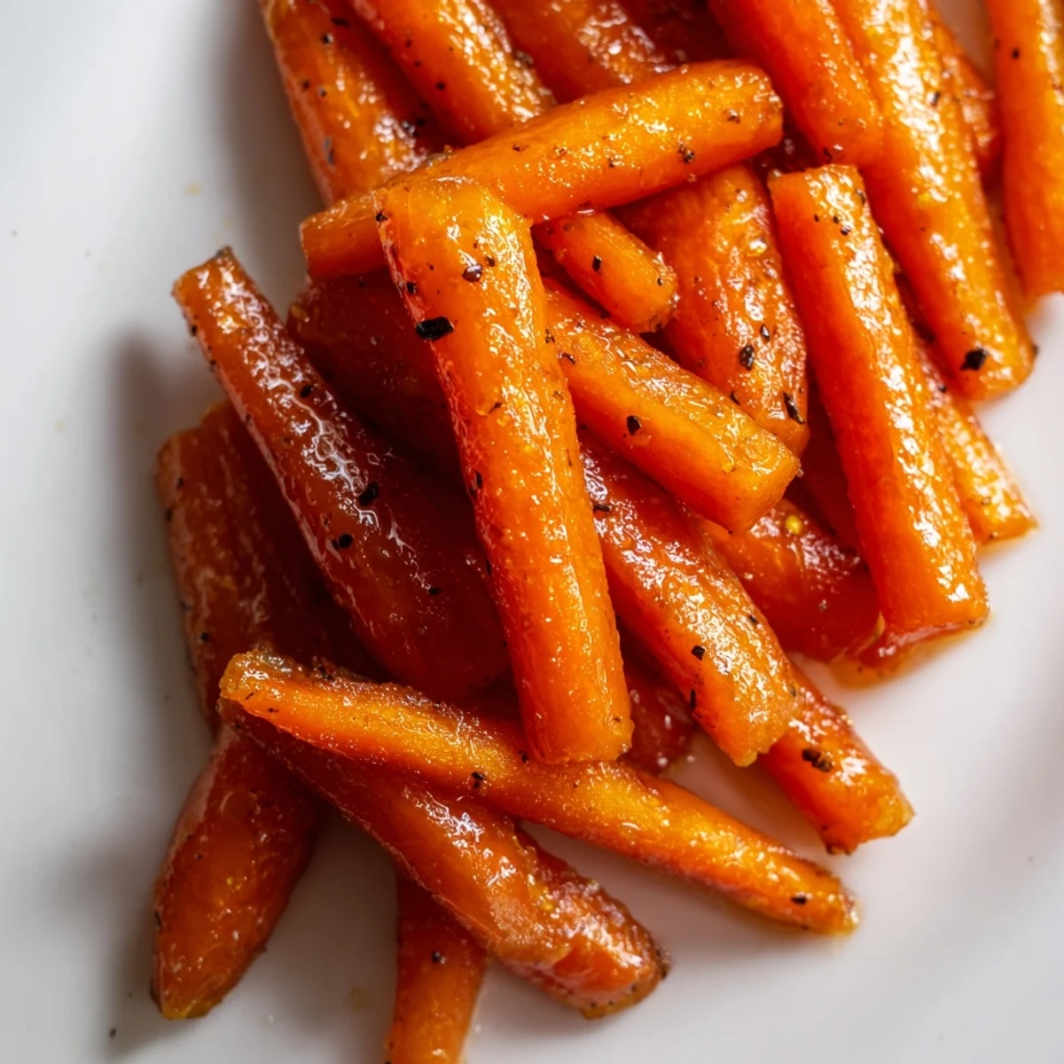 Golden honey glazed carrots sprinkled with fresh parsley glistening under warm kitchen lighting