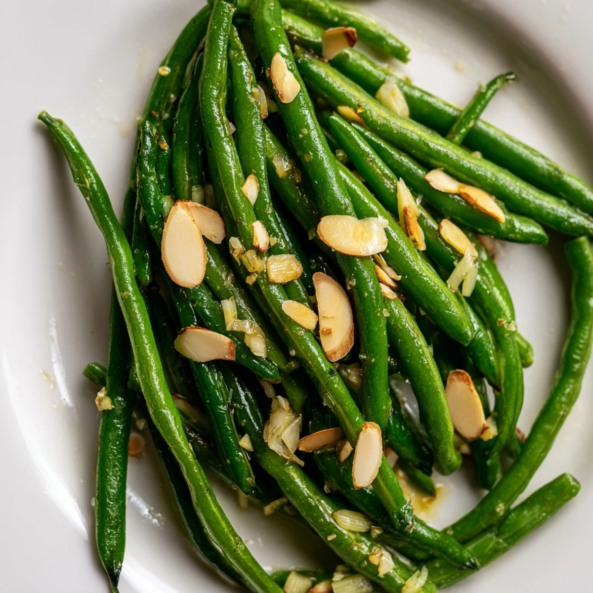 Garlic green beans skillet side dish showing tender bright beans tossed with olive oil and seasonings