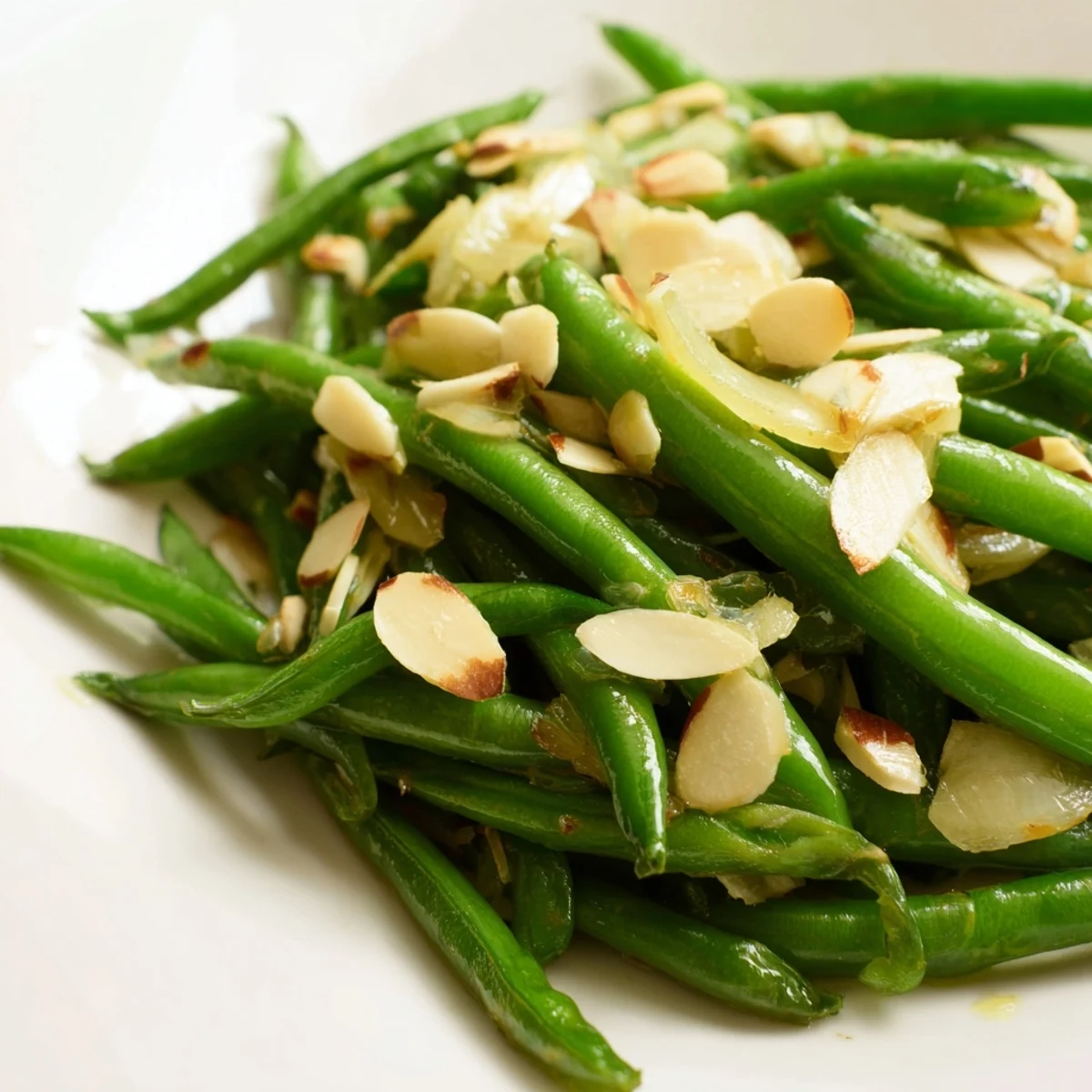 Fresh green beans sautéed with garlic in olive oil, vibrant and crisp on a white serving plate