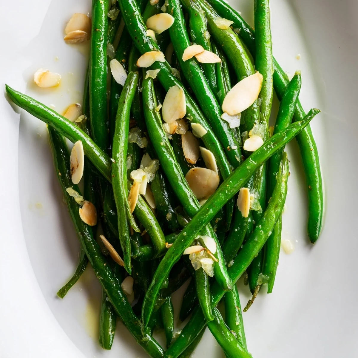 Sautéed green beans with sliced garlic and toasted almonds, a simple vegetarian side dish ready for serving
