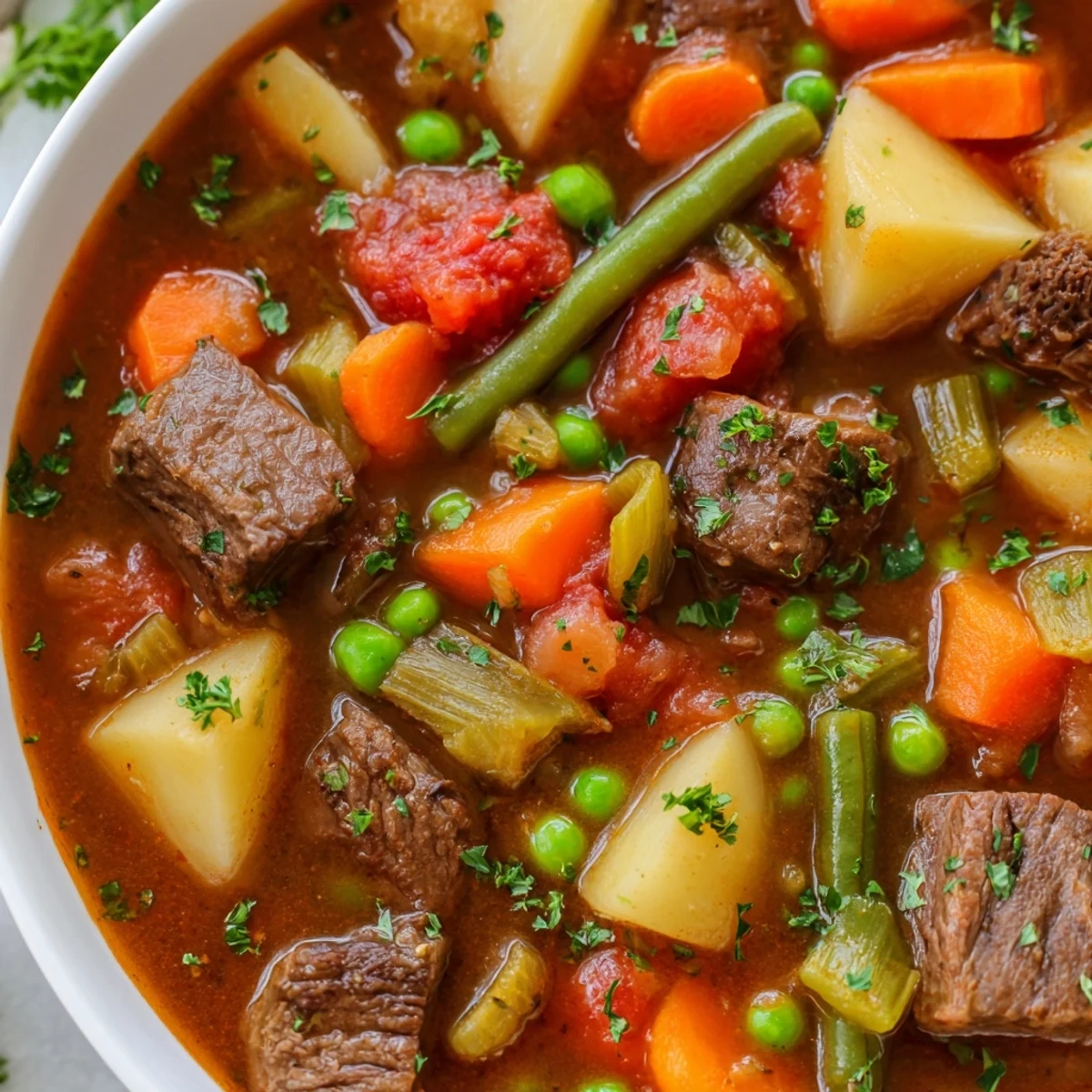 Steaming bowl of Braised Vegetable Beef Soup featuring melt-in-your-mouth beef, potatoes, carrots, and fresh parsley garnish.