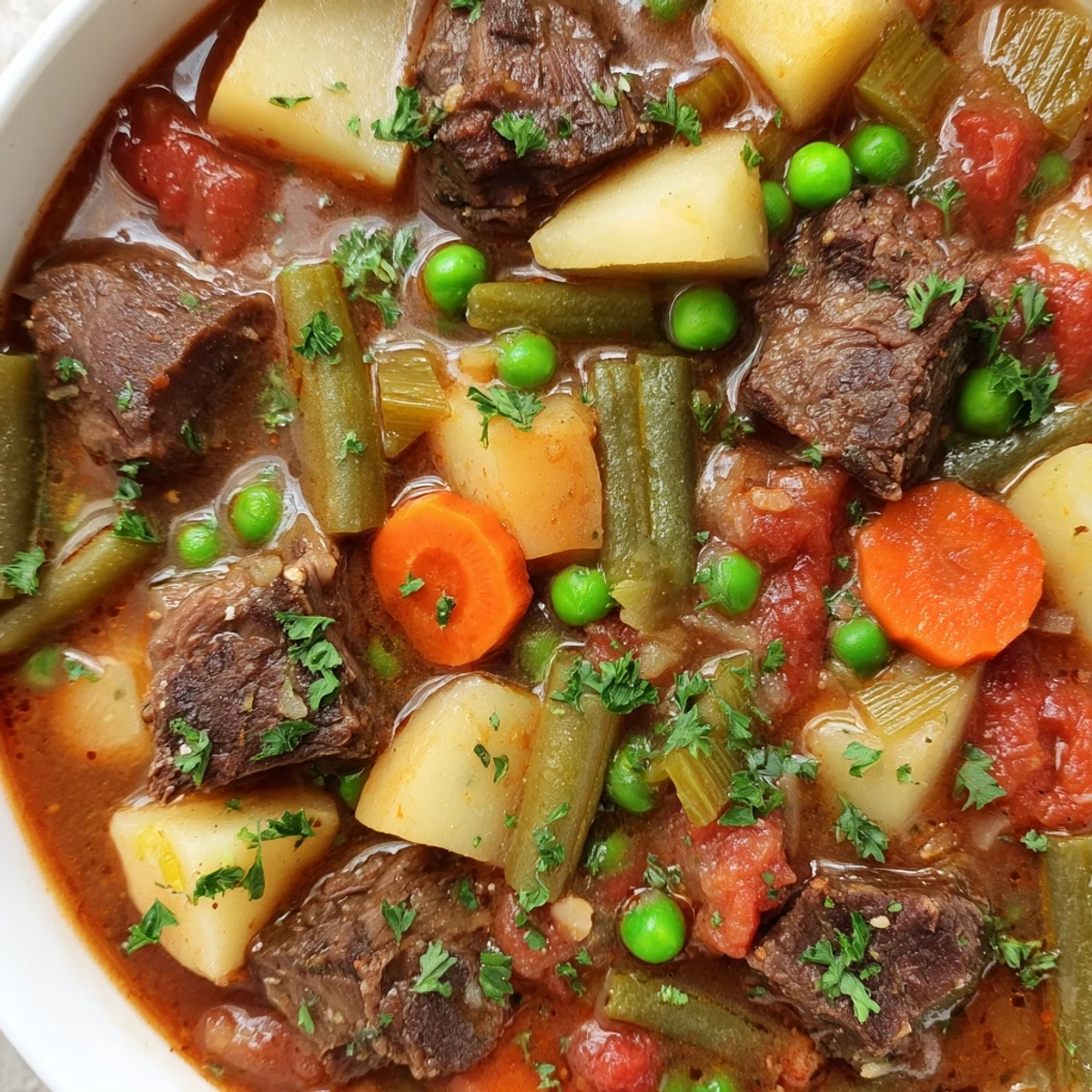 Braised Vegetable Beef Soup simmered in a rich broth with tender beef chunks and colorful garden vegetables.