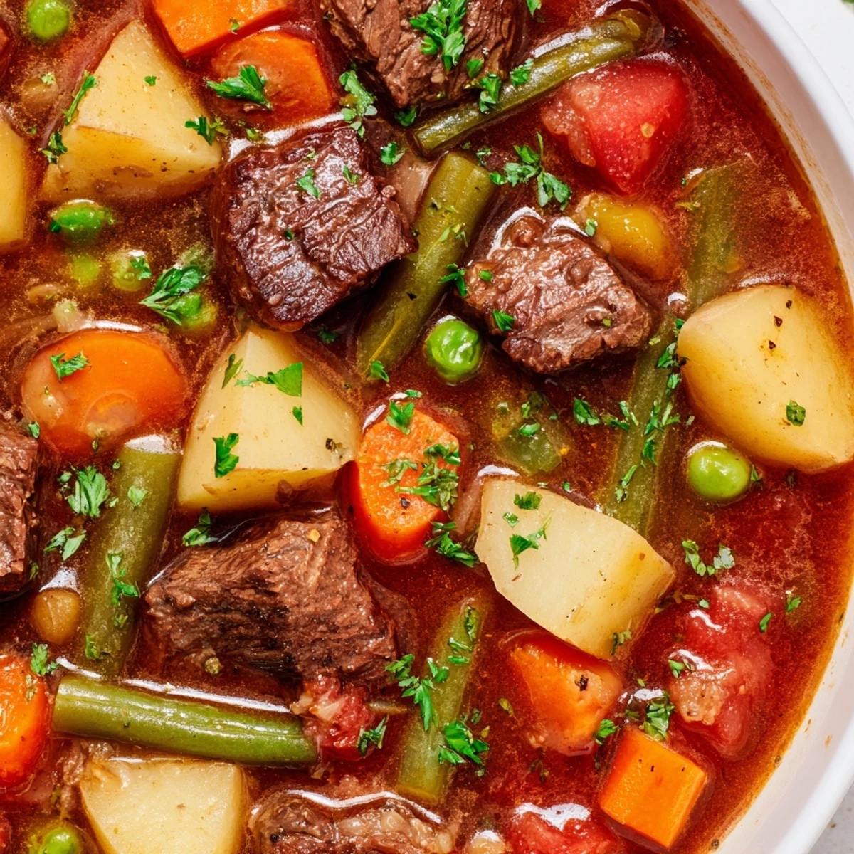 Hearty Braised Vegetable Beef Soup loaded with diced tomatoes, green beans, and savory beef broth in a white bowl.