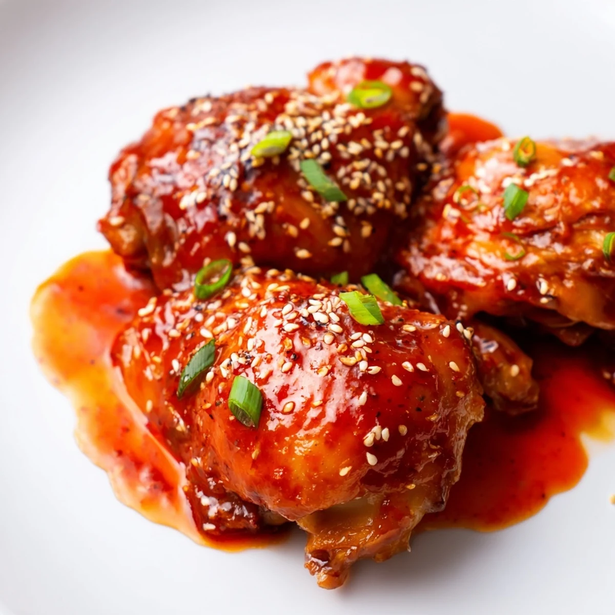 Golden brown spicy honey sriracha chicken pieces glazed in sticky red sauce with sesame seeds