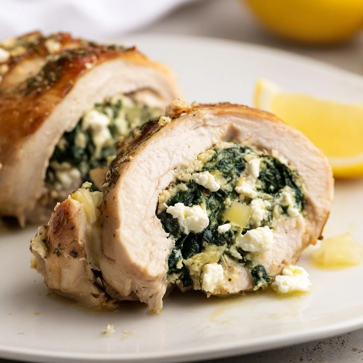 Golden baked chicken breast stuffed with spinach and feta on a white plate