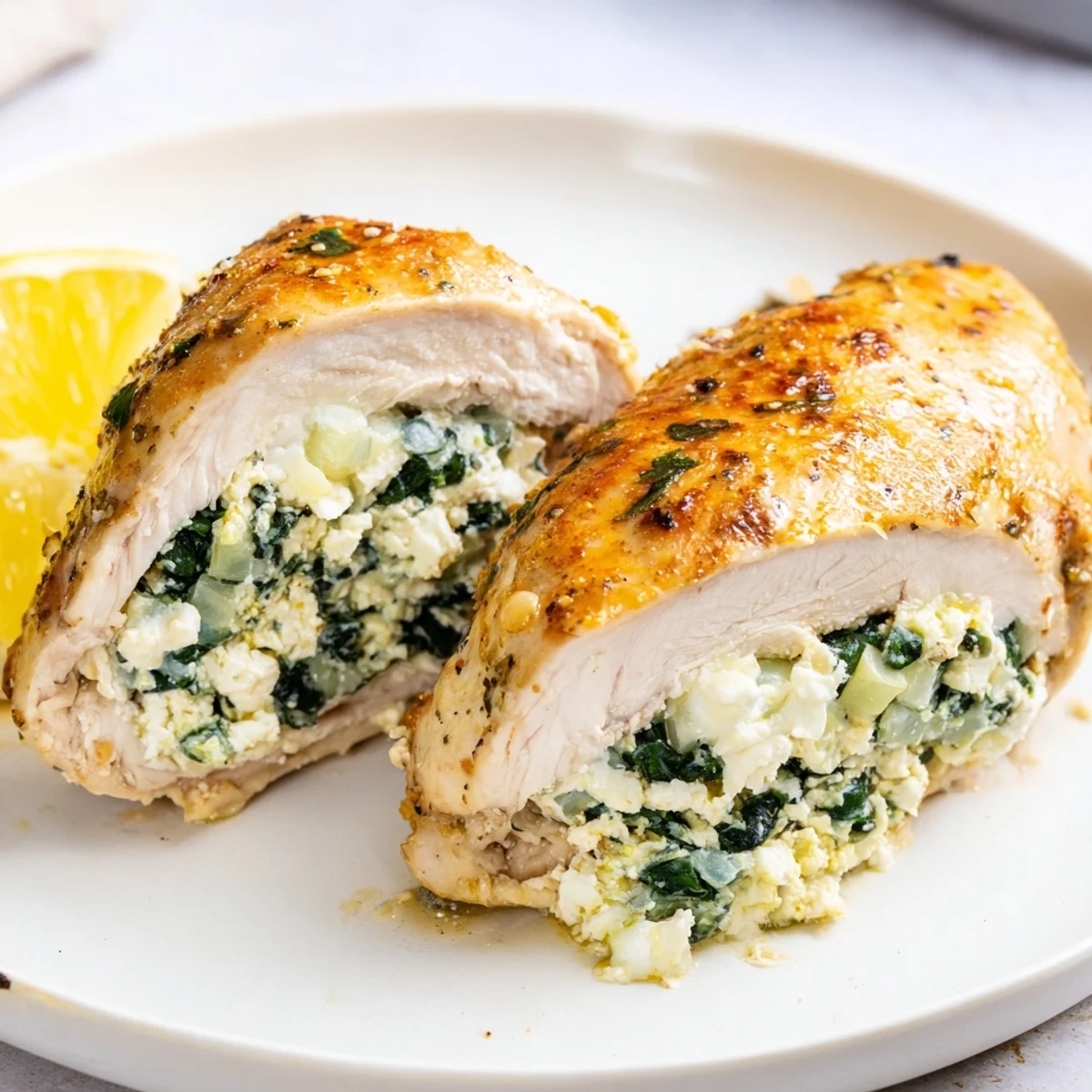 Juicy stuffed chicken breast with feta and spinach filling, garnished with fresh lemon