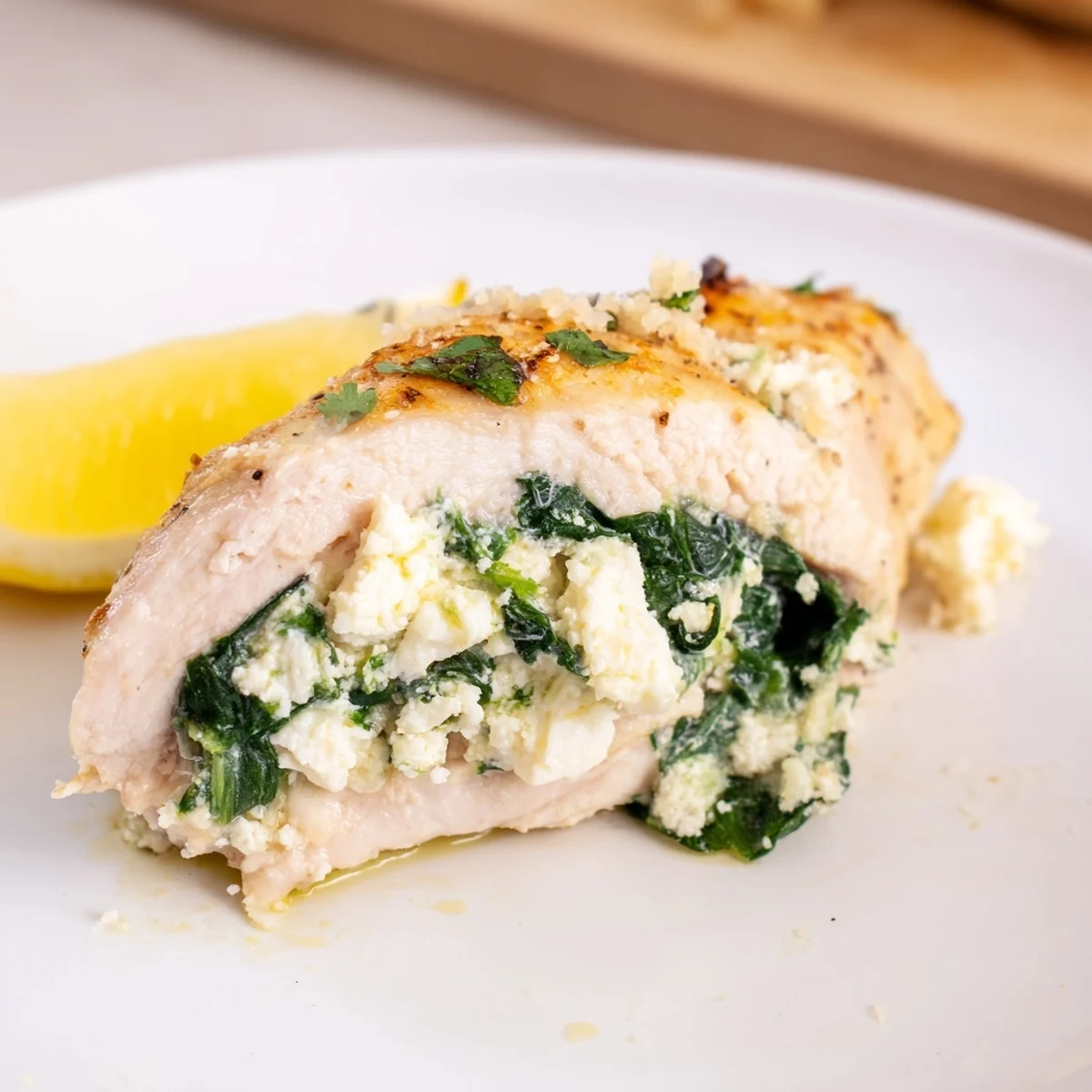 Mediterranean style chicken breast oozing creamy feta and spinach, ready to serve