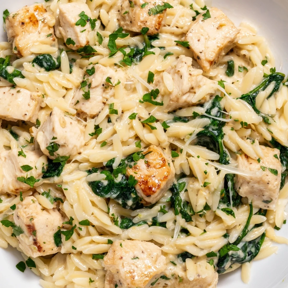 Creamy garlic butter pepper jack chicken orzo in a white skillet with melted cheese and wilted spinach