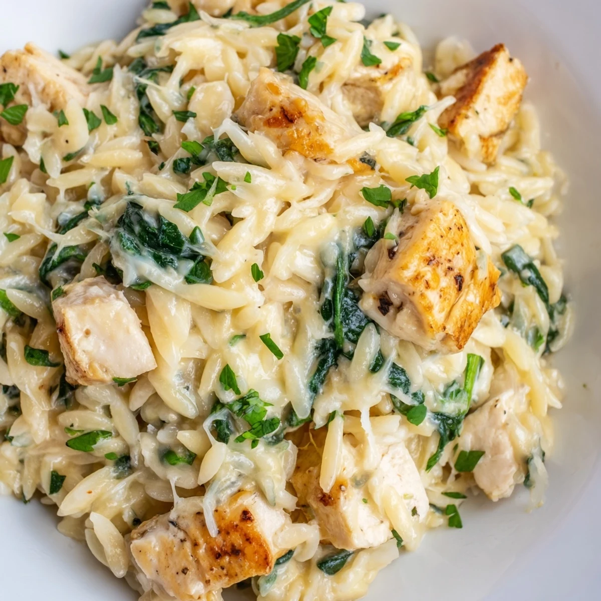 One-pan pepper jack chicken orzo with tender chicken pieces, creamy sauce, and fresh green spinach garnish