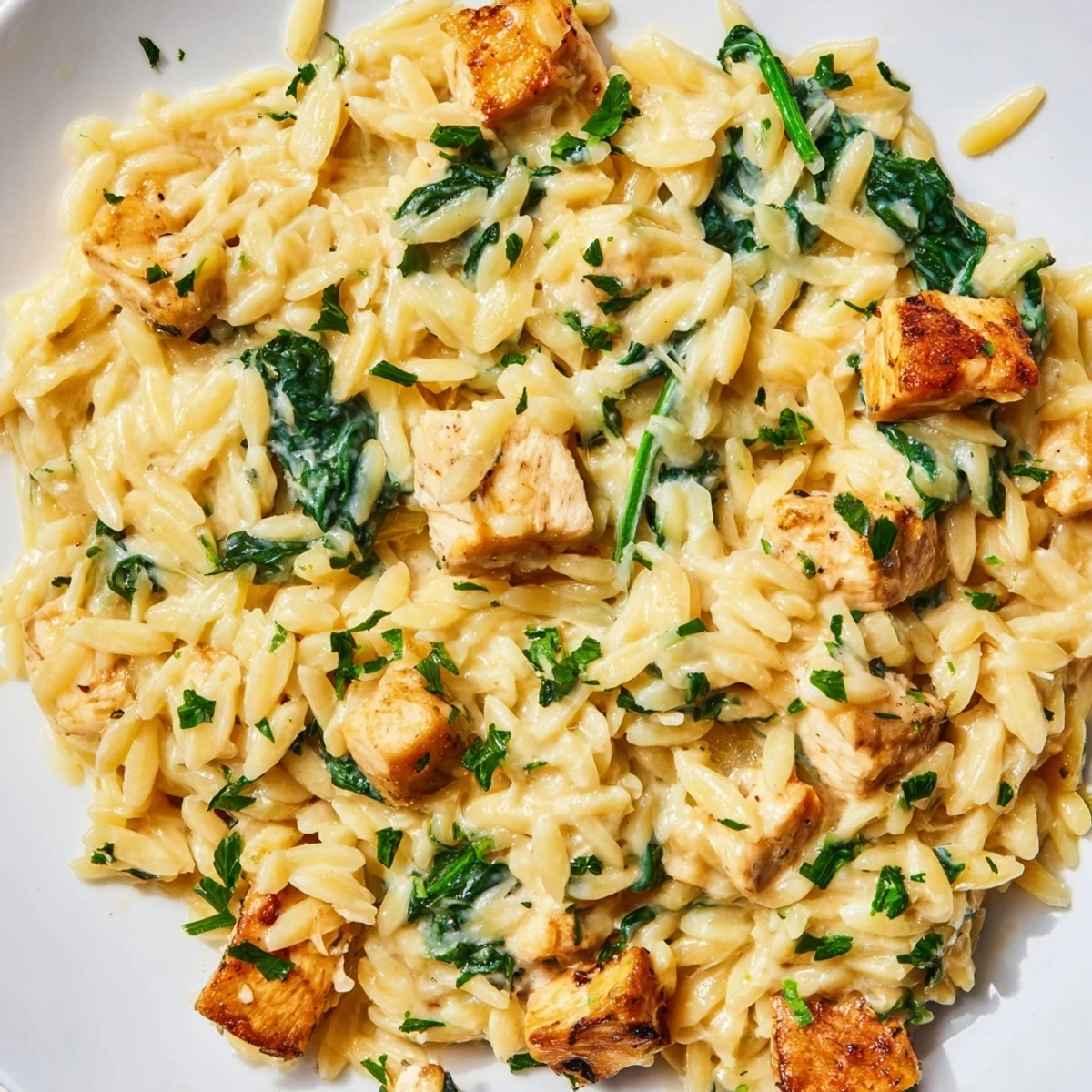 Golden chicken orzo pasta dish bubbling with spicy pepper jack cheese and vibrant baby spinach