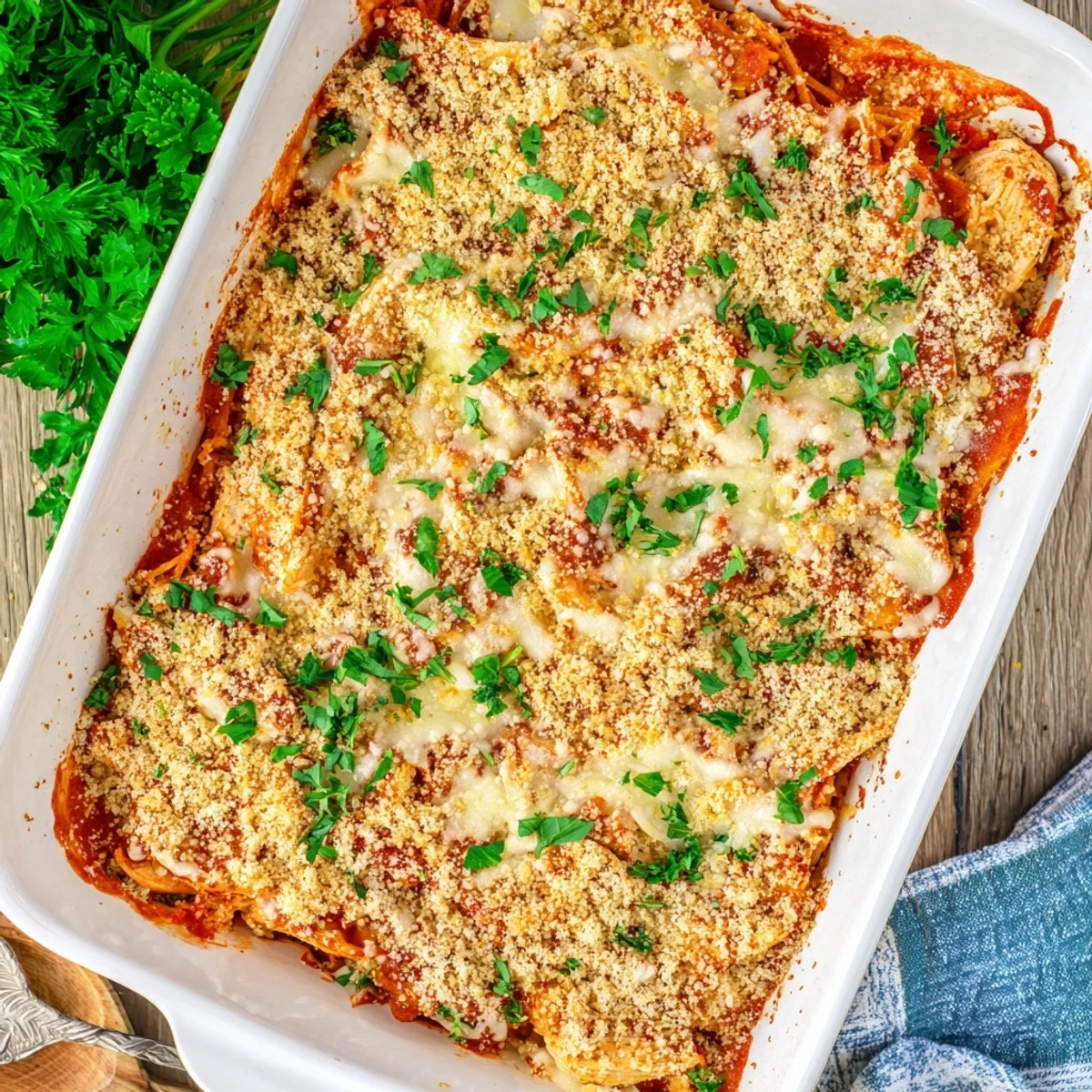 Golden-brown Chicken Parmesan Casserole with bubbly melted mozzarella and crispy buttered panko topping