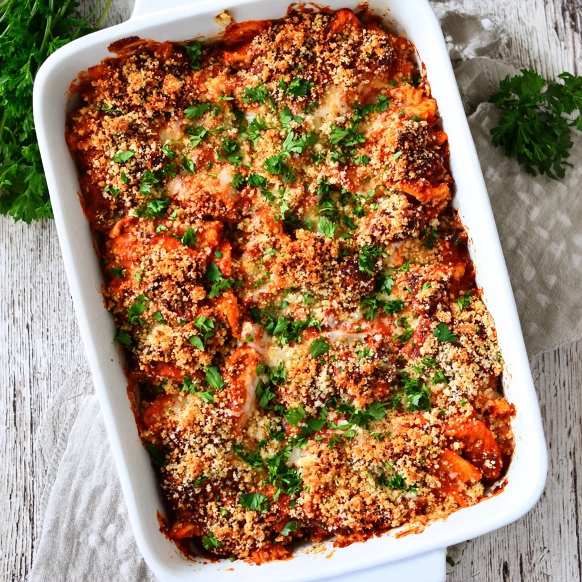 Baked Chicken Parmesan Casserole layered with marinara sauce and shredded cheese under golden crumbs