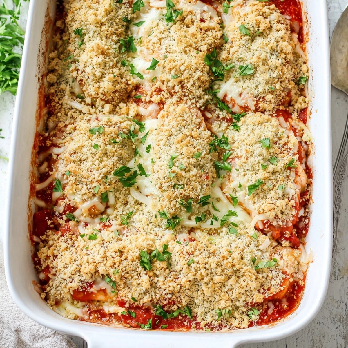Family-style Chicken Parmesan Casserole fresh from the oven with gooey cheese and crunchy breadcrumb crust