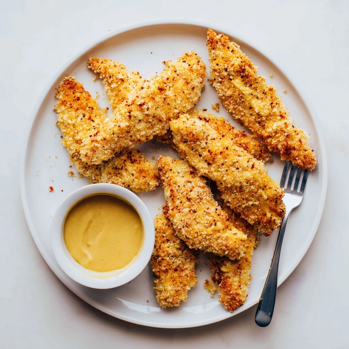 Golden honey mustard chicken tenders with crispy breadcrumb coating and tangy dipping sauce