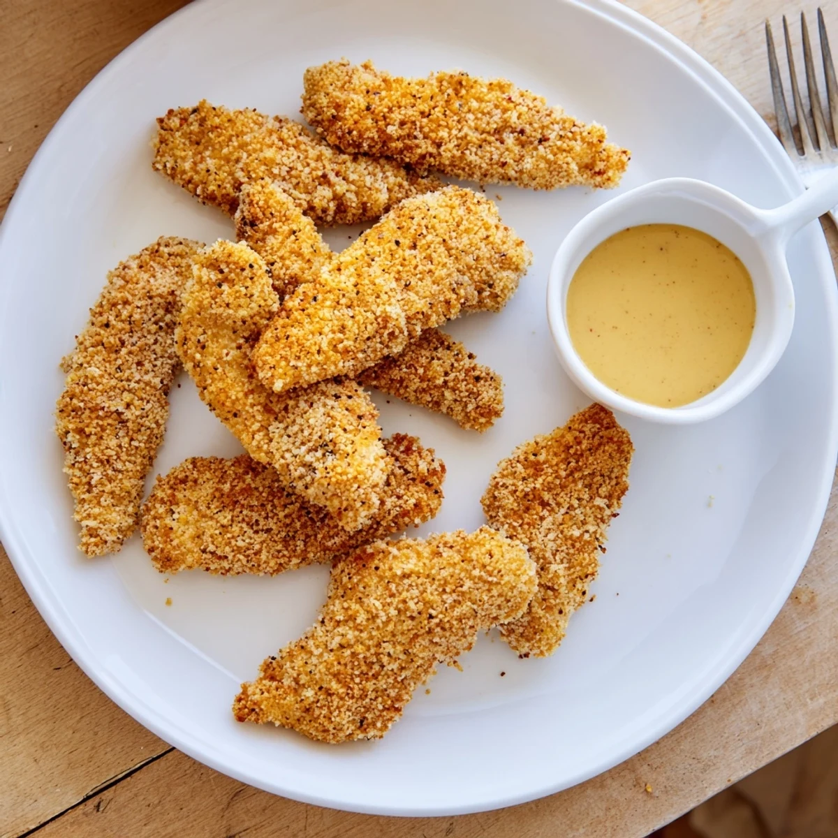 Baked chicken strips served with sweet honey mustard sauce for a family dinner