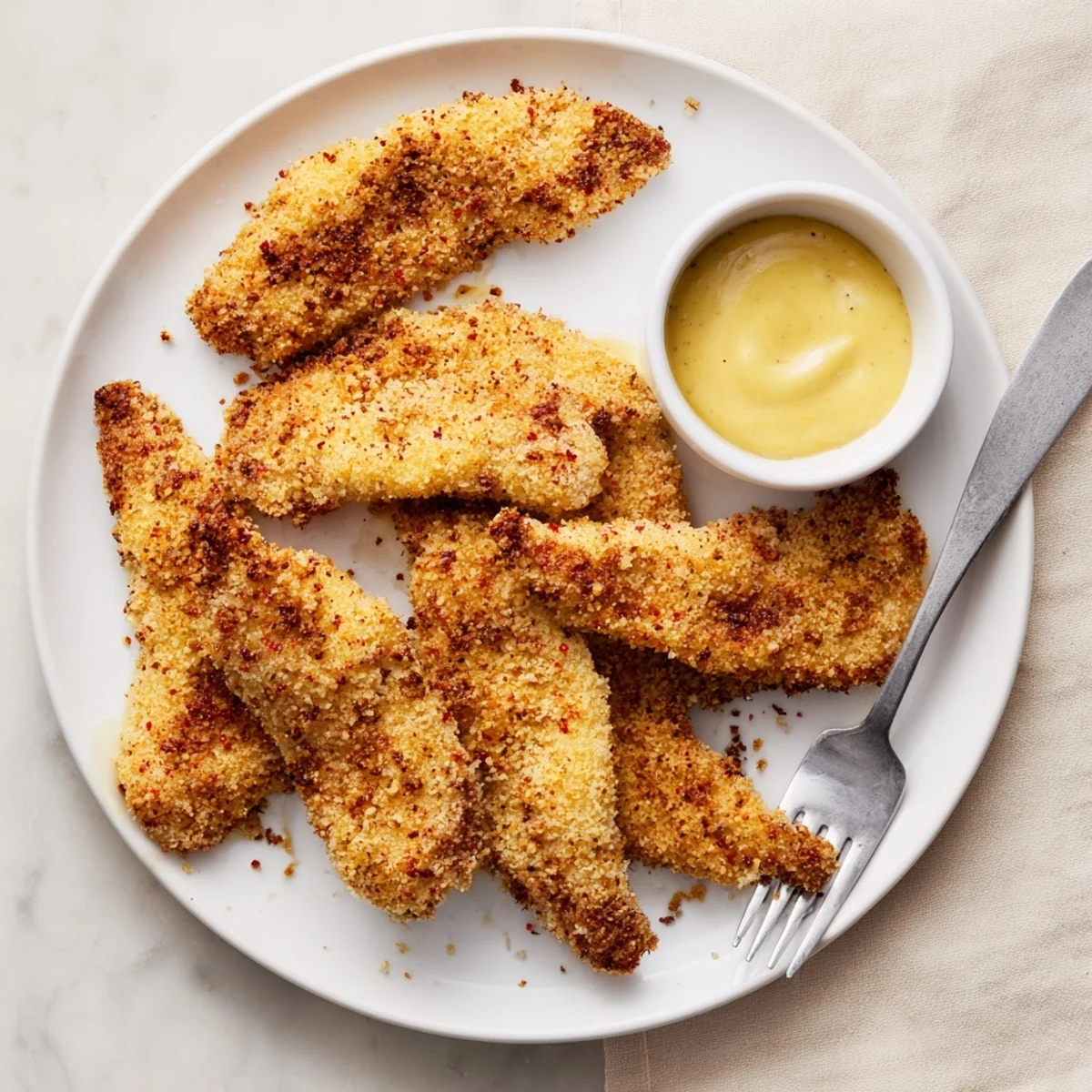 Crispy fried chicken tenders drizzled with homemade honey mustard sauce on a white plate