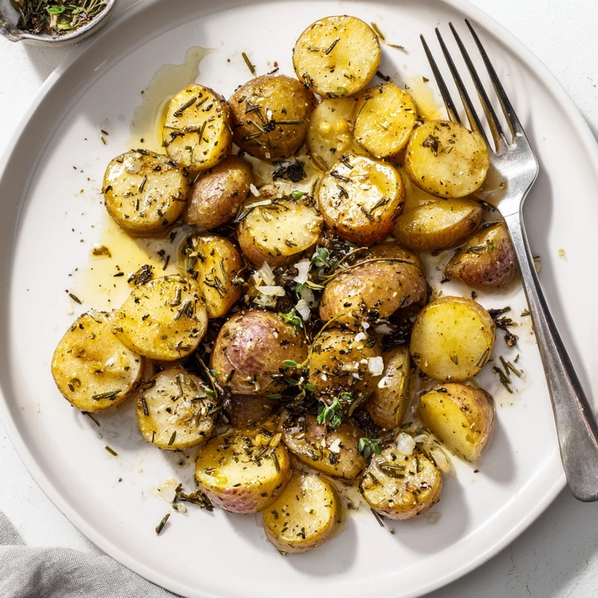 Golden brown roasted radishes scattered on a white baking sheet with fresh green parsley garnish