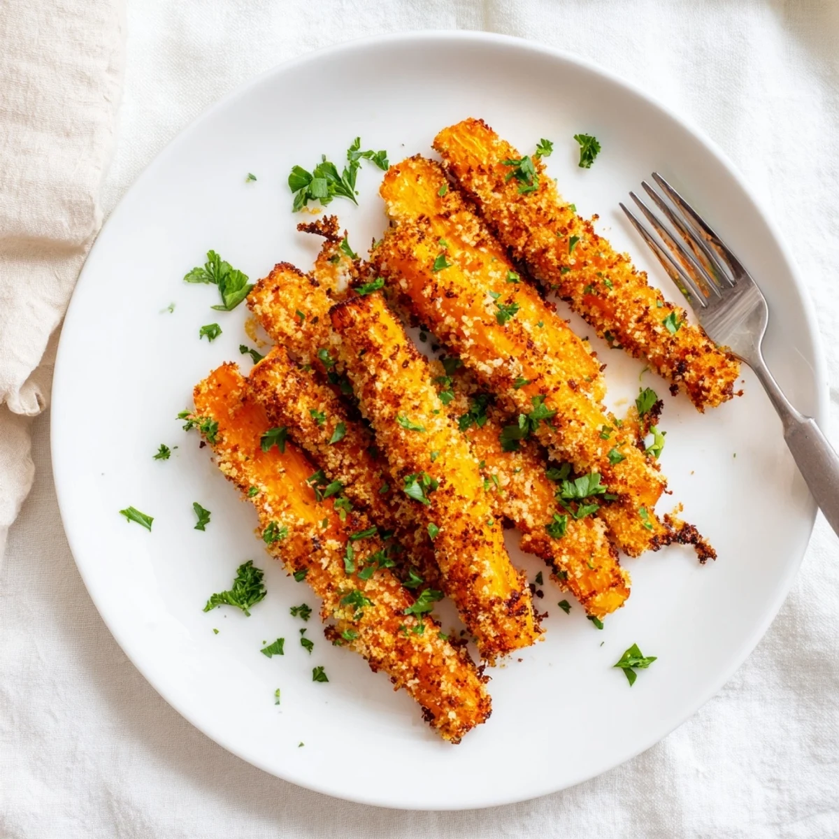 Golden roasted parmesan carrots arranged on baking sheet with crispy cheese coating