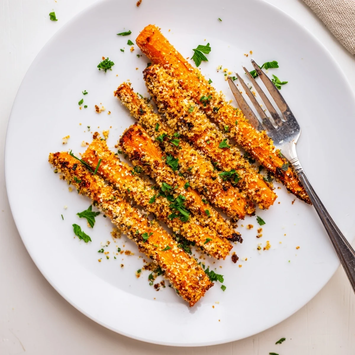 Tender carrot sticks baked until crunchy with savory parmesan and herb crust