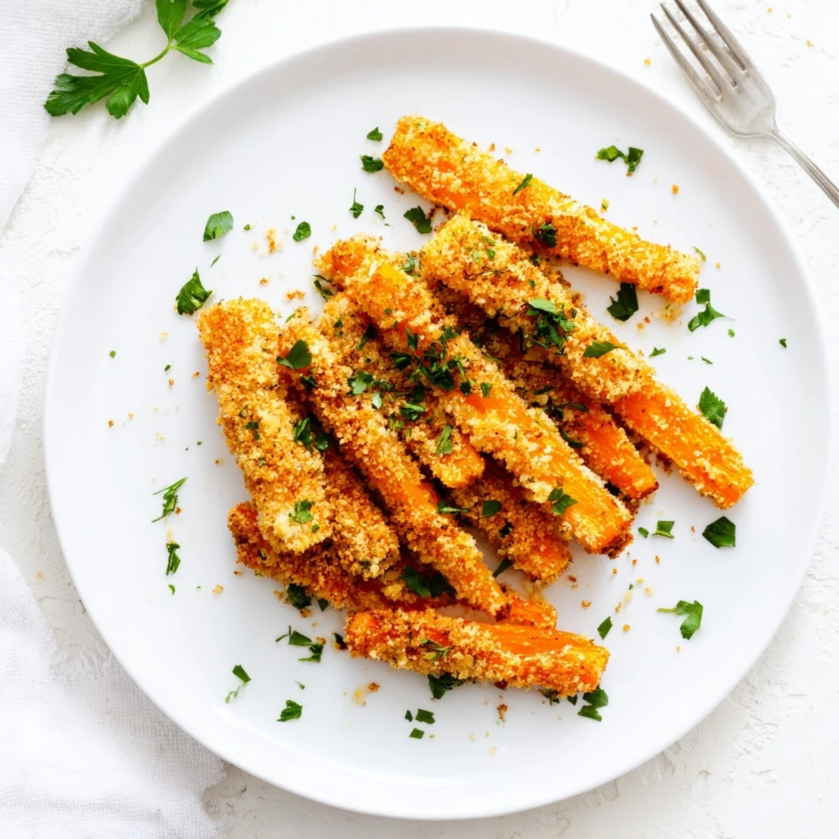 Plate of crispy parmesan carrots garnished with fresh parsley ready to serve