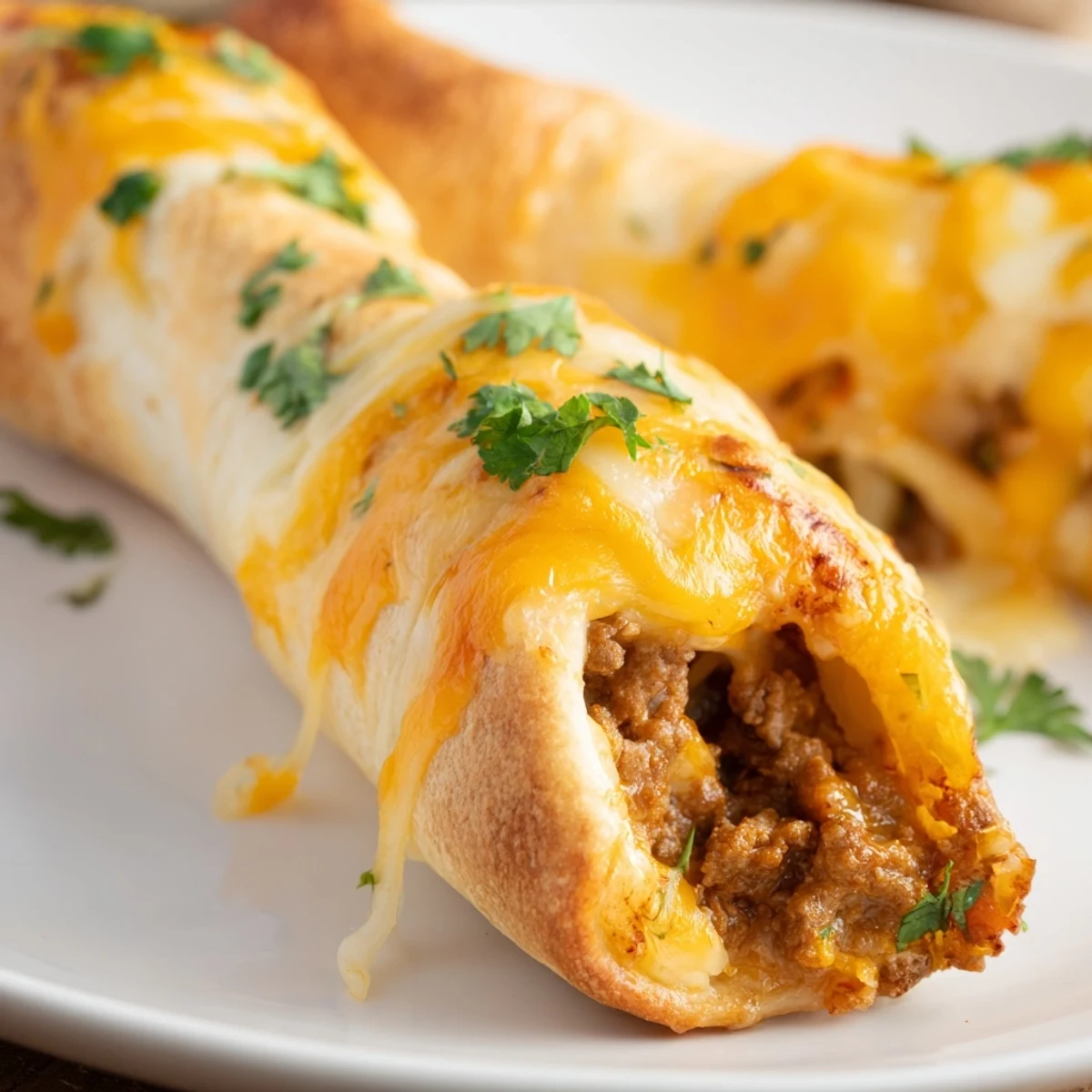 Freshly baked Cheesy Taco Sticks Recipe featuring spiced ground beef and cheddar mozzarella blend on white platter