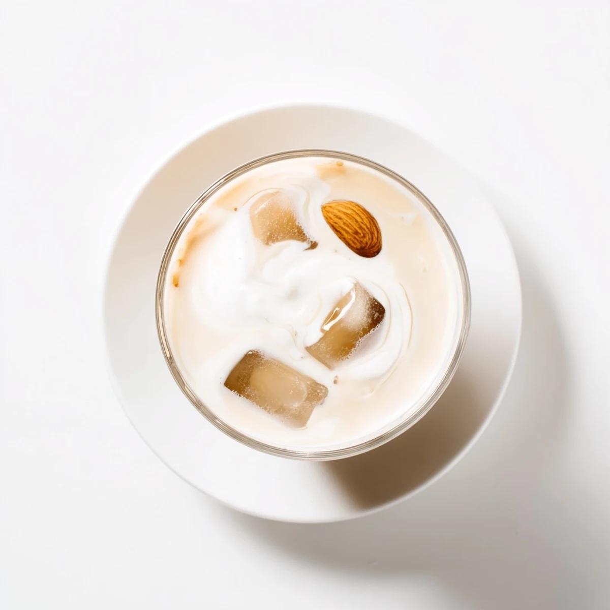 Creamy roasted almond milk drink served cold with floating ice and nutty texture