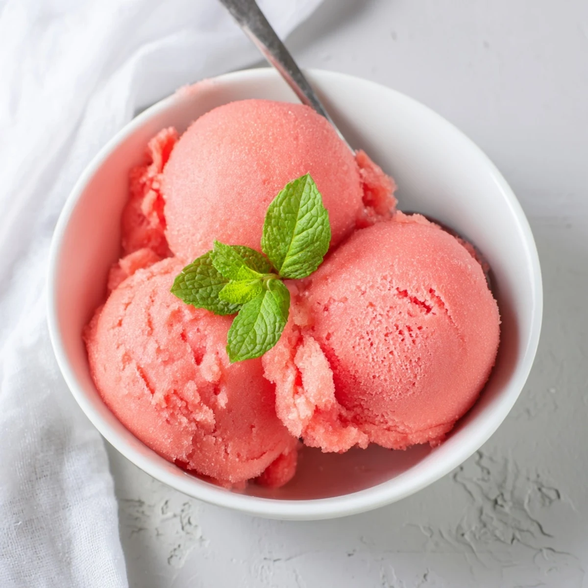 Pink scoop of watermelon sorbet garnished with fresh lime wedge in glass bowl