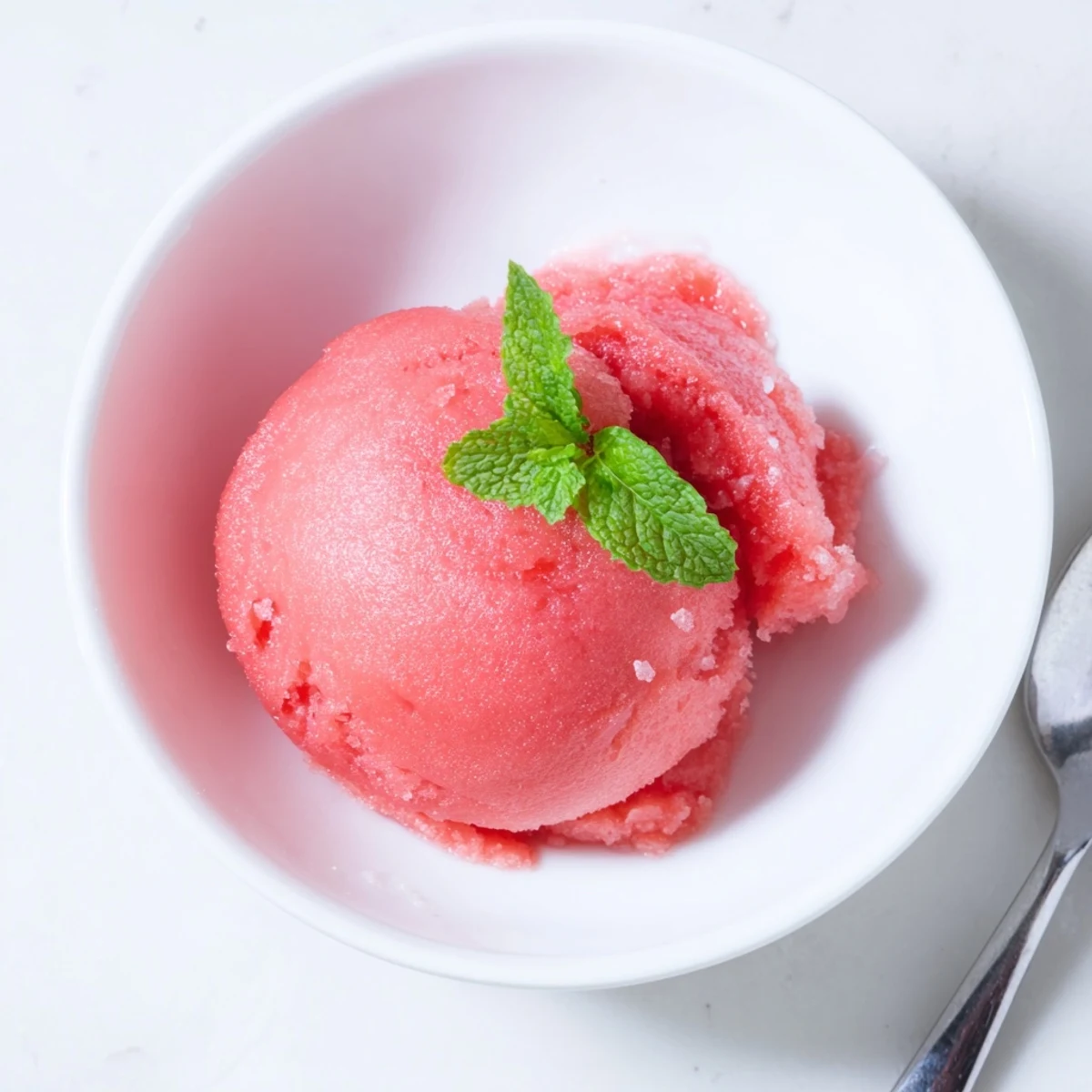 Vibrant pink watermelon sorbet scooped into white bowl with zesty lime zest topping