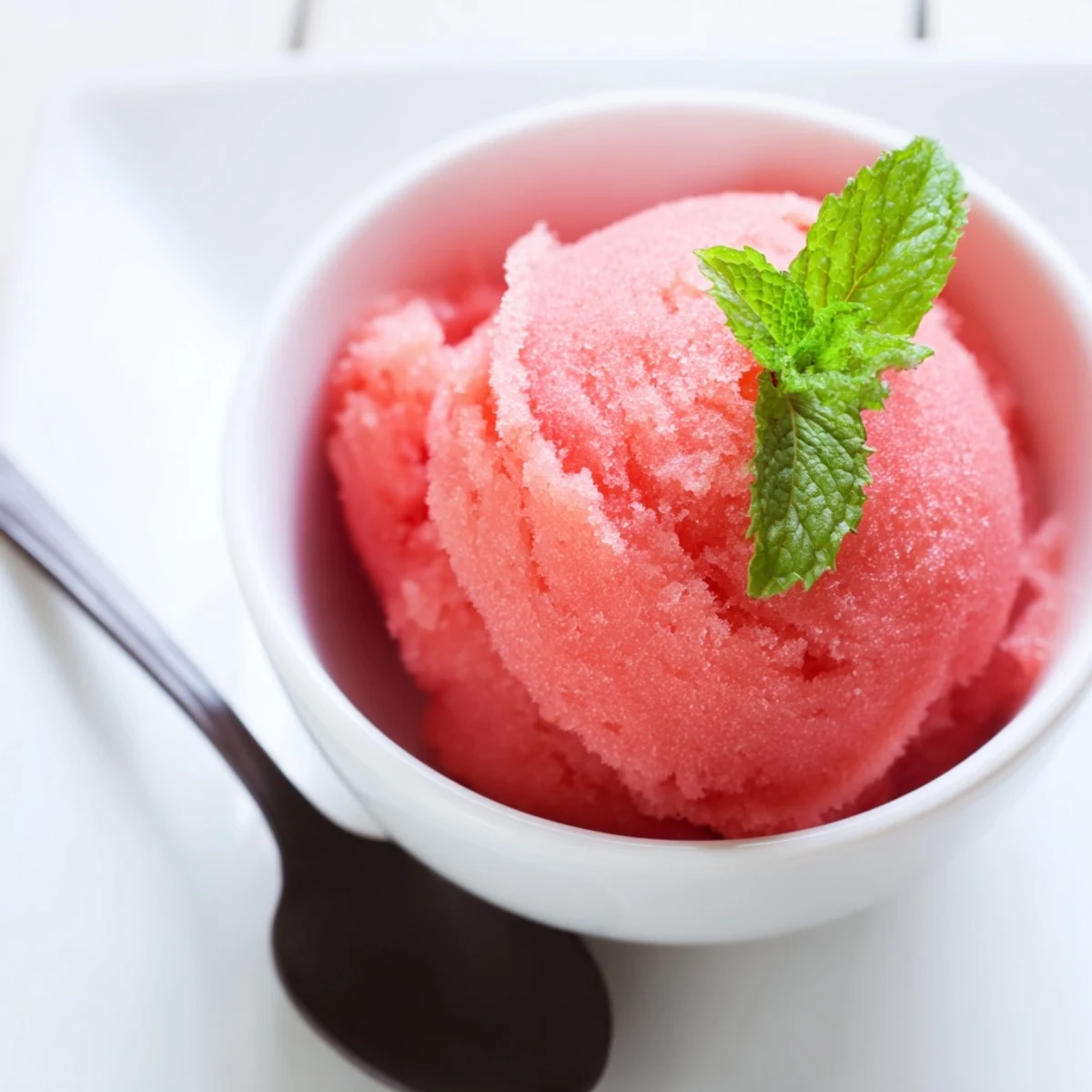 Fluffy frozen watermelon sorbet with mint leaves in chilled dessert dish for summer