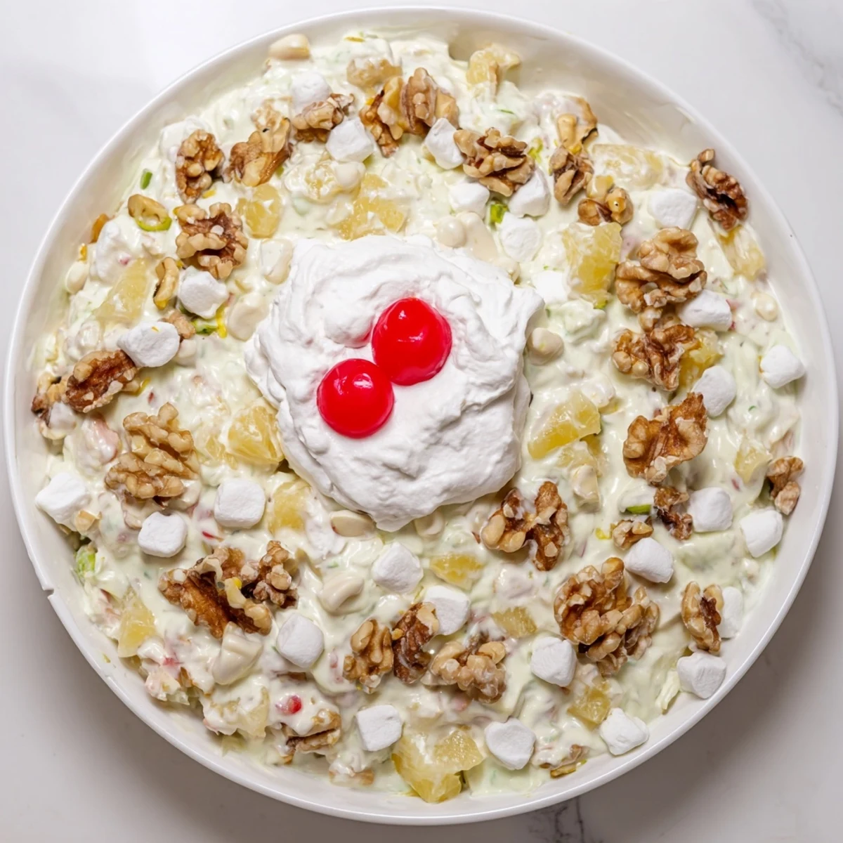 Vintage Watergate Salad recipe showcasing creamy pistachio pudding blended with sweet crushed pineapple and fluffy marshmallows in a glass serving bowl