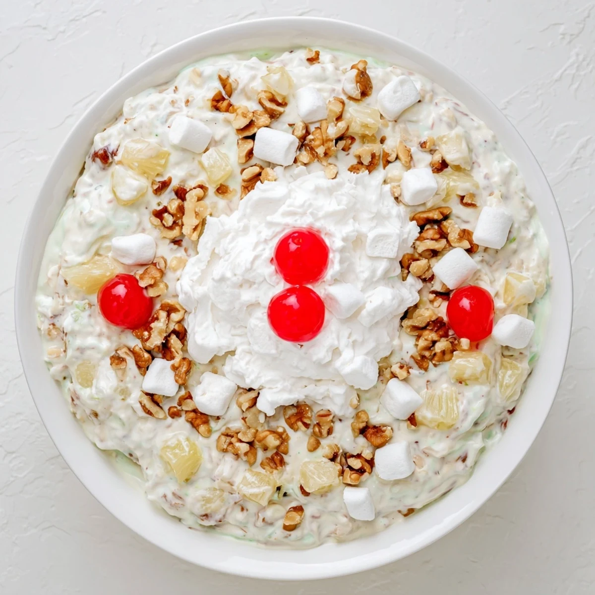Retro Watergate Salad dessert featuring bright green pistachio mixture dotted with white marshmallows, chopped pecans, and garnished with maraschino cherries