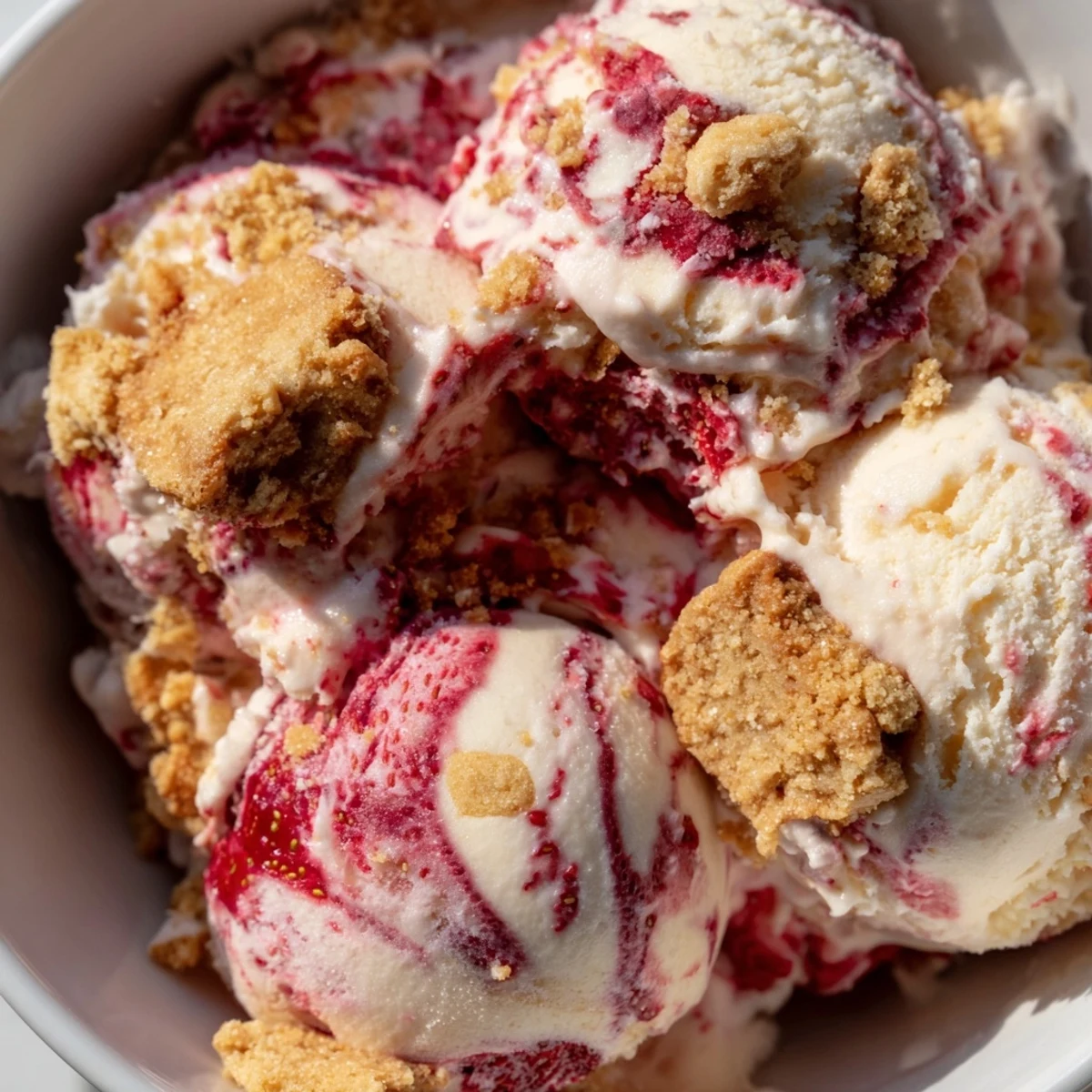 Creamy churn strawberry cheesecake ice cream swirled with ripe red berries and golden graham cracker crumbs