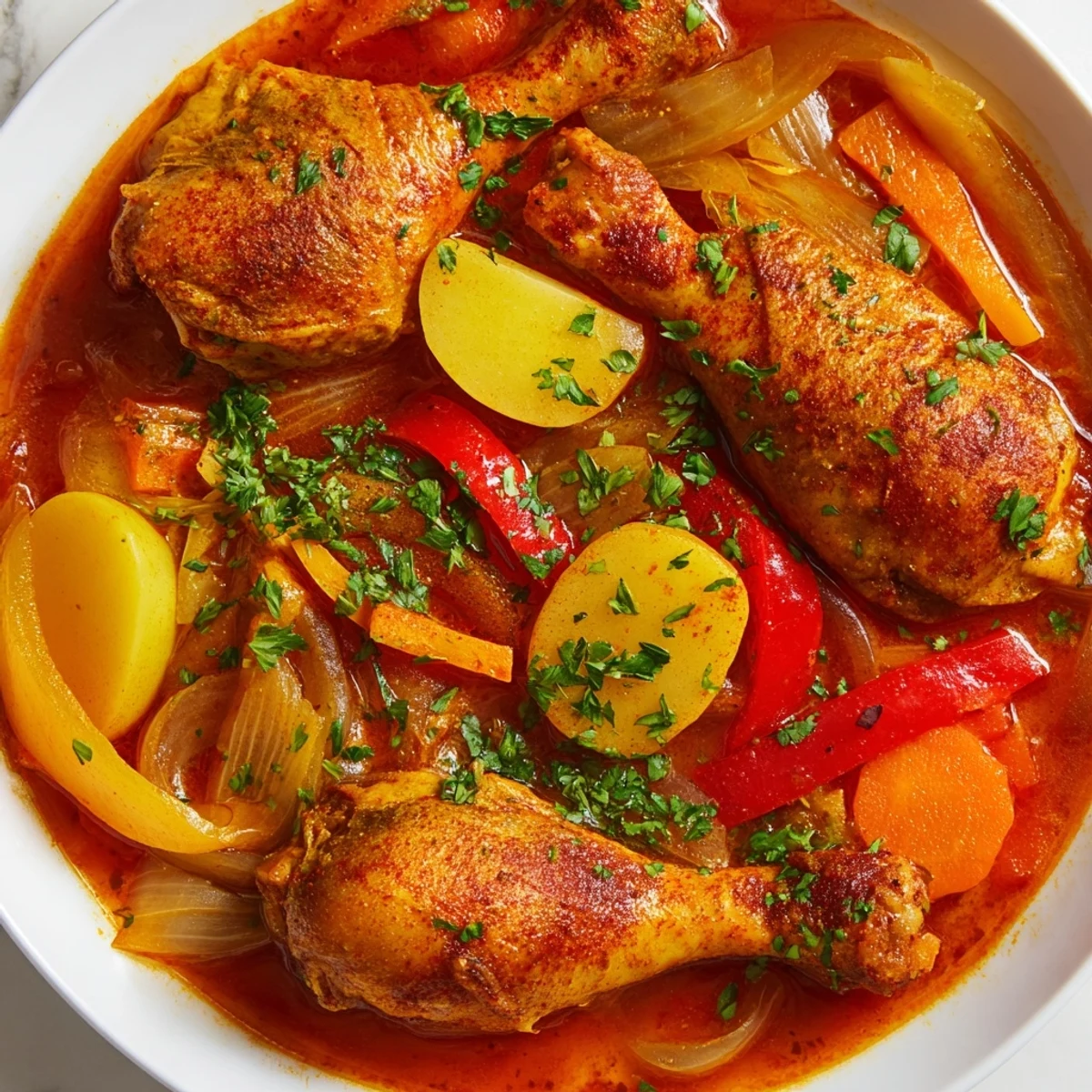 Golden Spanish chicken drumsticks stew simmered with tender vegetables and aromatic smoked paprika in a rich broth