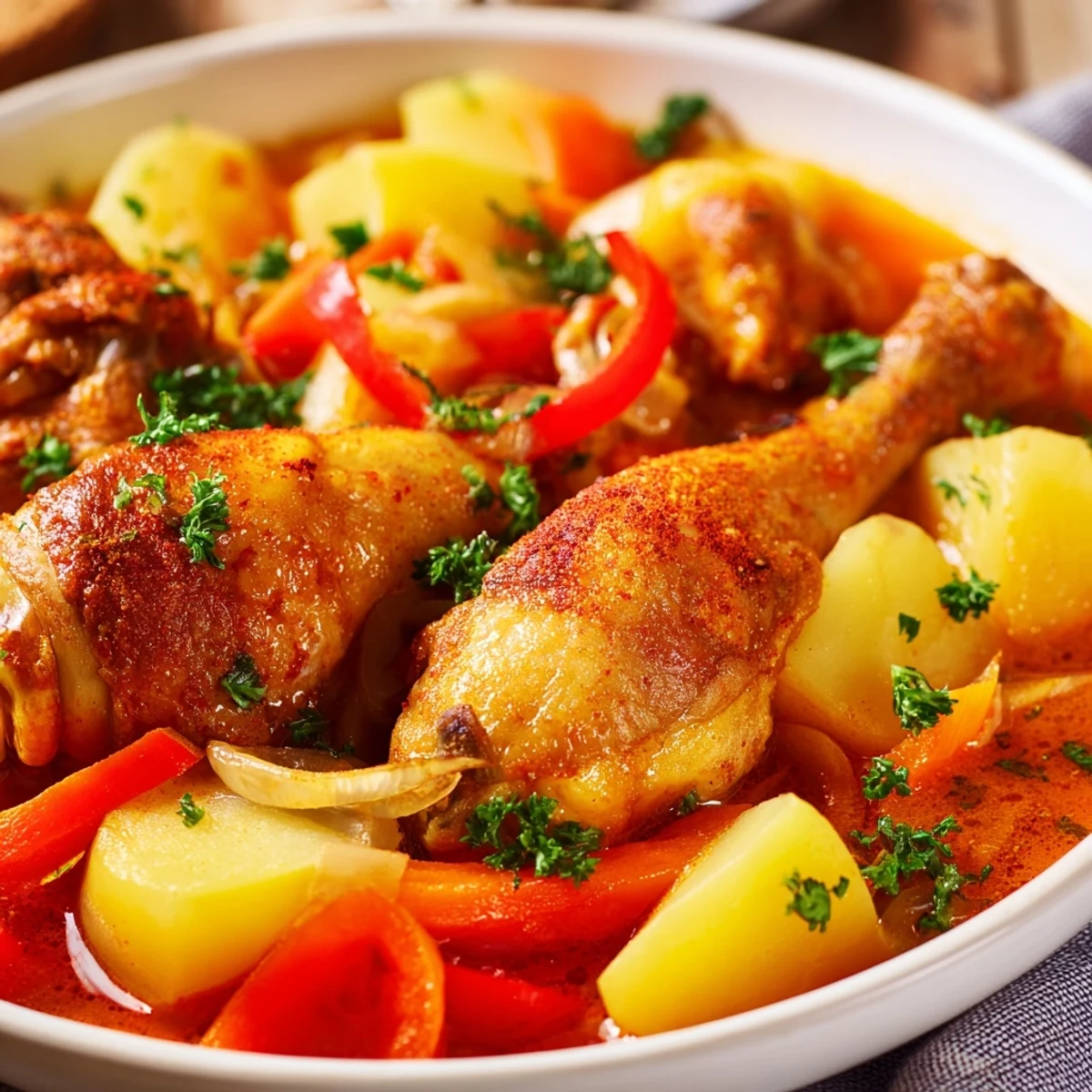 Savory Spanish chicken drumsticks braised with white wine, tomatoes, and rustic vegetables for a comforting gluten-free dinner