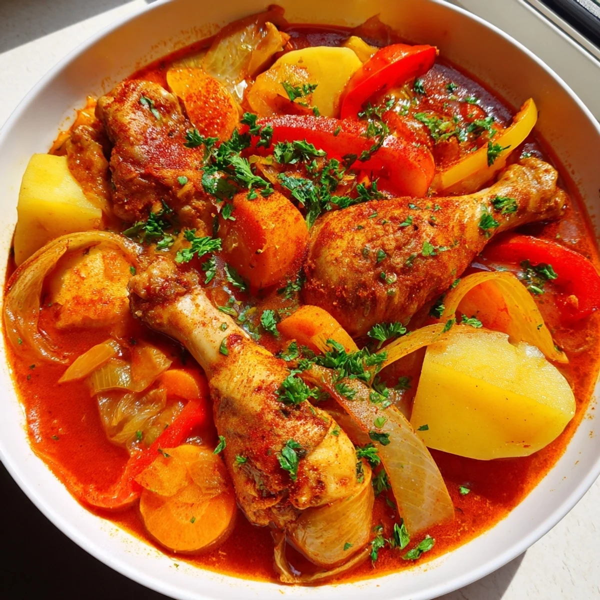 Rustic chicken drumsticks stew featuring carrots, potatoes, and bell peppers in a hearty Spanish-style one-pot meal