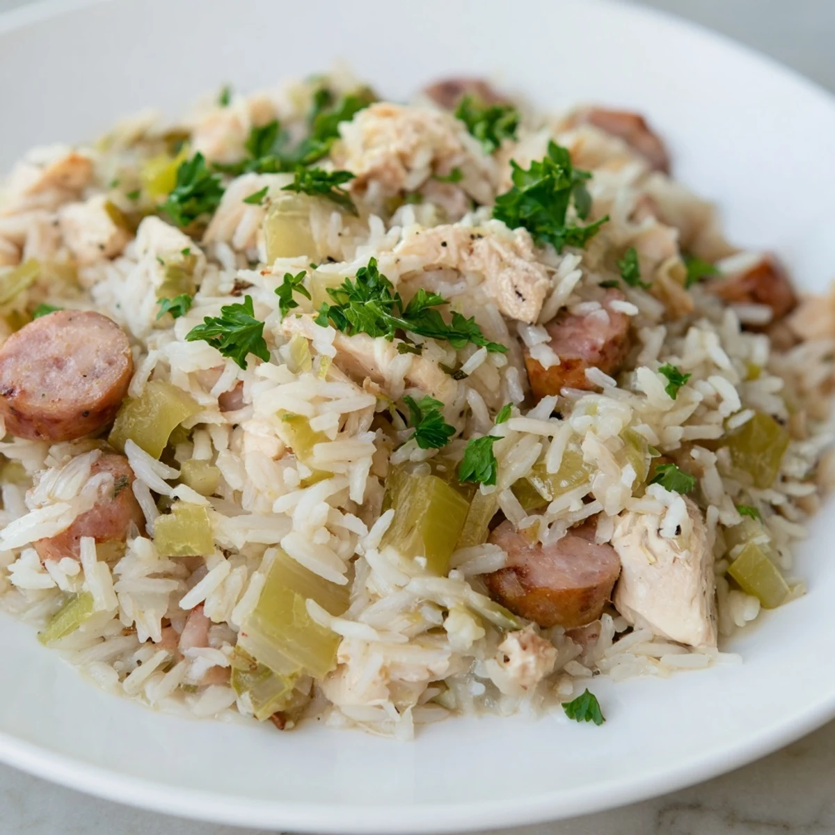 Steamy bowl of Southern Chicken Bog featuring tender shredded chicken and sliced smoked sausage with fluffy seasoned rice
