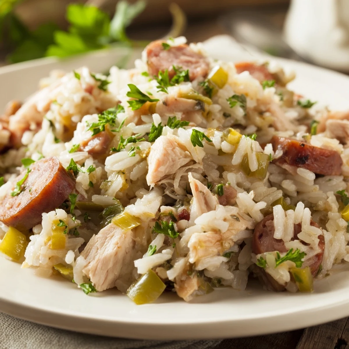 Hearty Southern Chicken Bog served family style showing moist chicken, smoked sausage, and perfectly cooked rice in a comforting dish