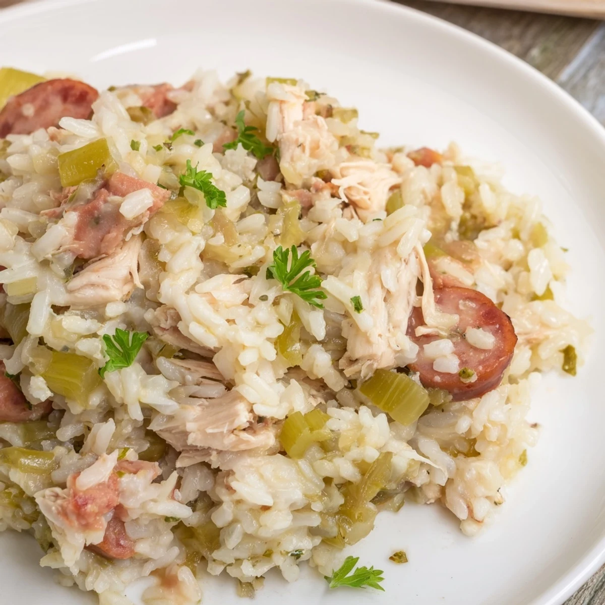 Golden one-pot Southern Chicken Bog piled high with chicken, sausage pieces, and aromatic rice garnished with fresh parsley