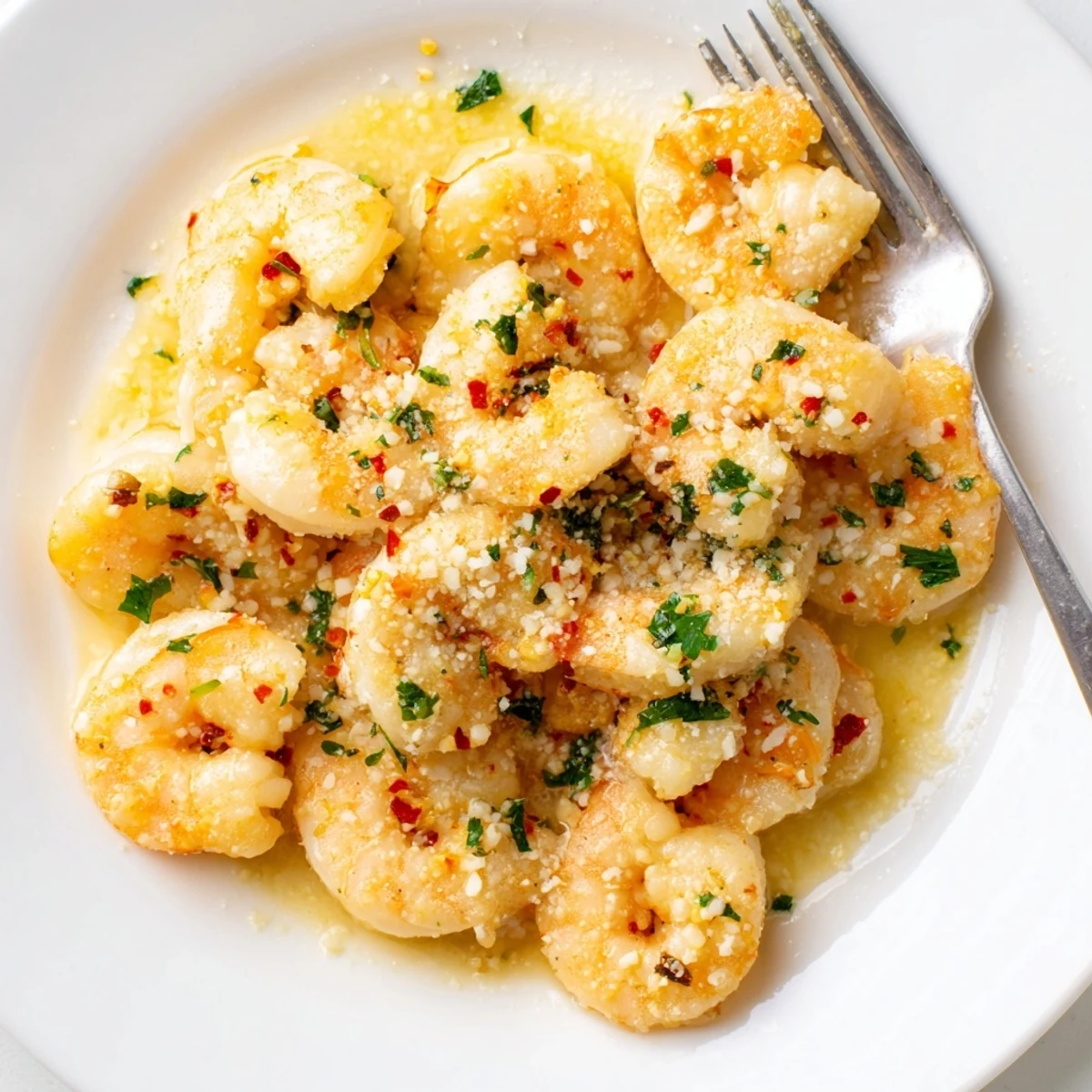 Golden garlic parmesan shrimp sizzling in a cast iron skillet with melted butter
